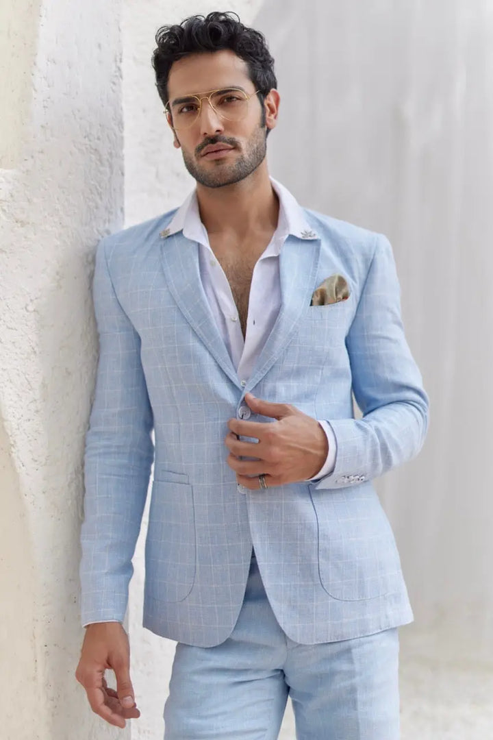 Powder Blue Windowpane Check Blazer Set - Asuka Couture