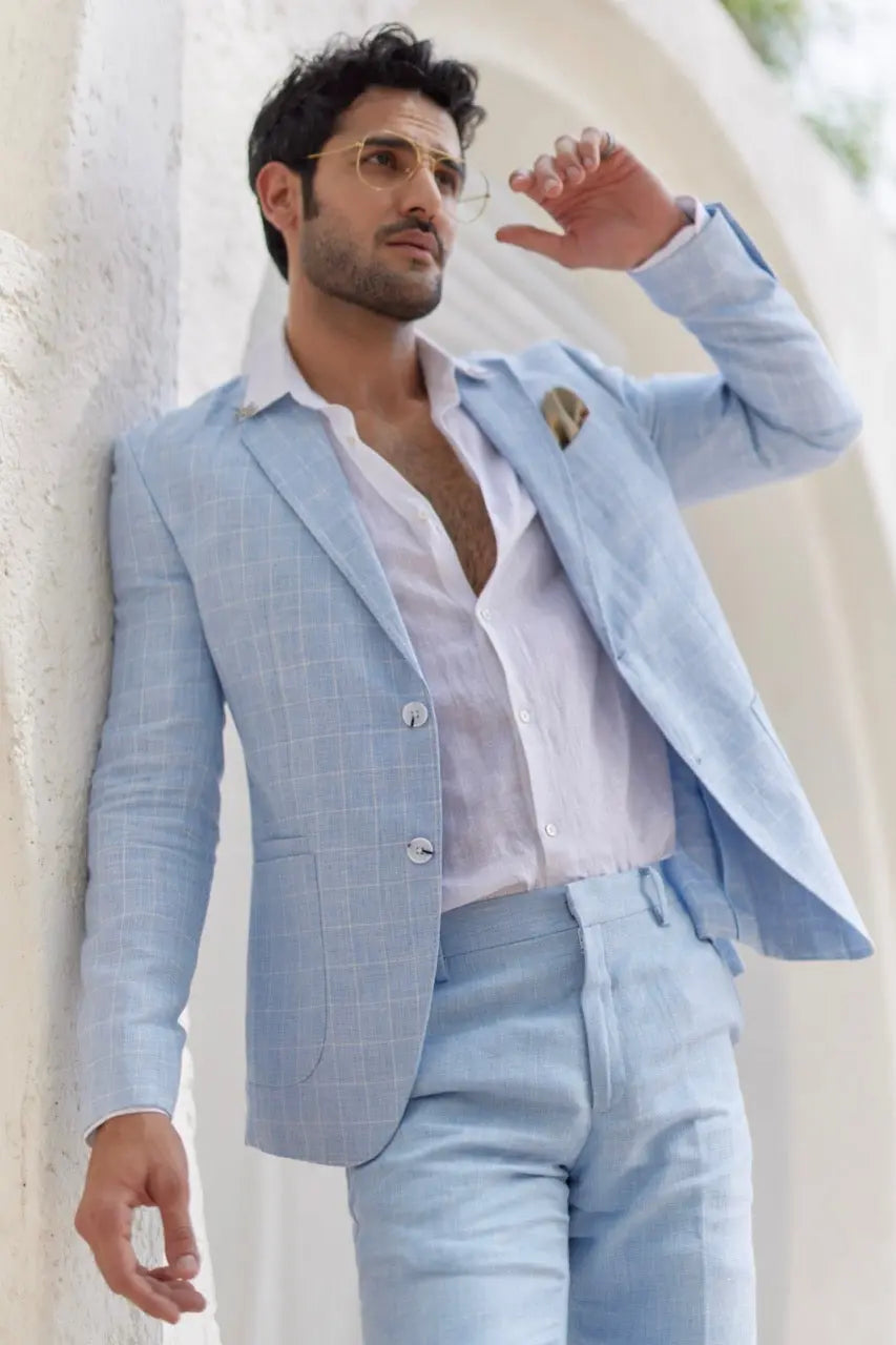 Powder Blue Windowpane Check Blazer Set