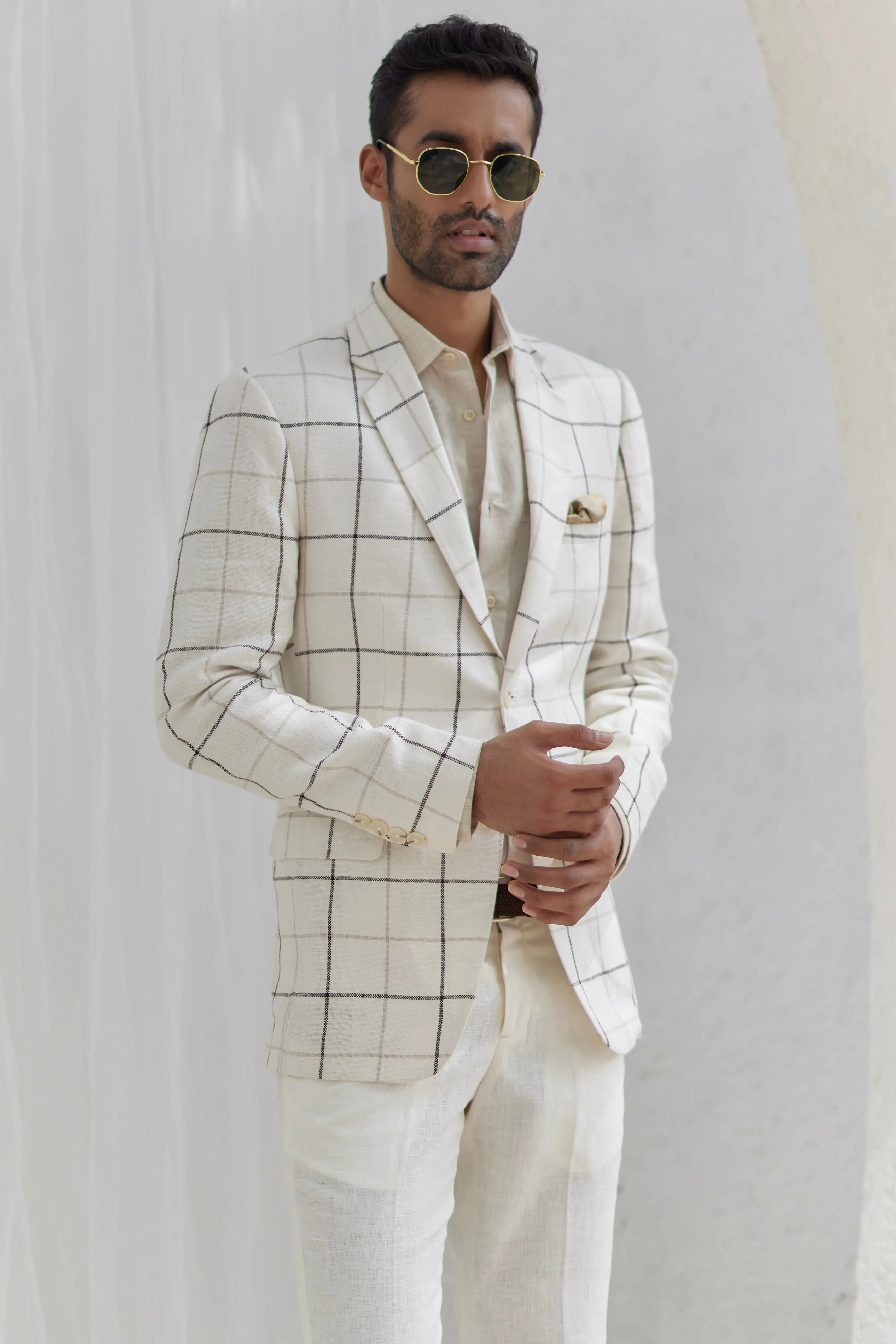 Porcelain White Windowpane Check Blazer Set