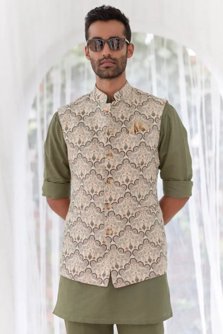 Sage Green Paisley Printed Kurta Bundi Set - Asuka Couture