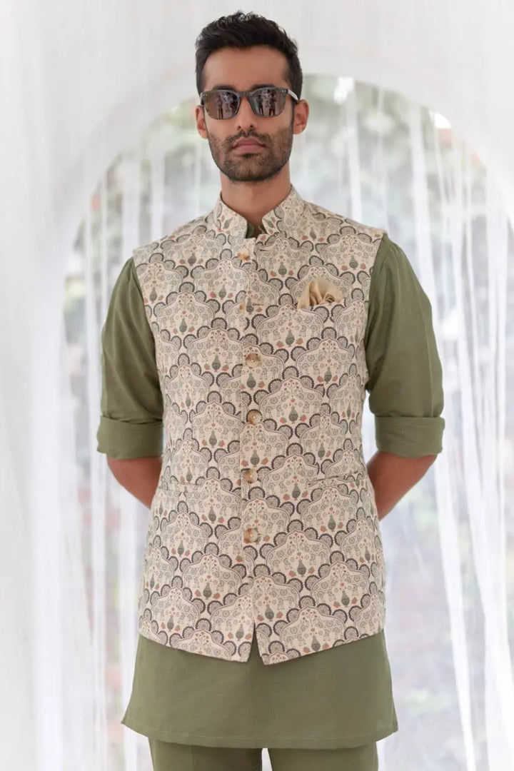 Sage Green Paisley Printed Kurta Bundi Set - Asuka Couture