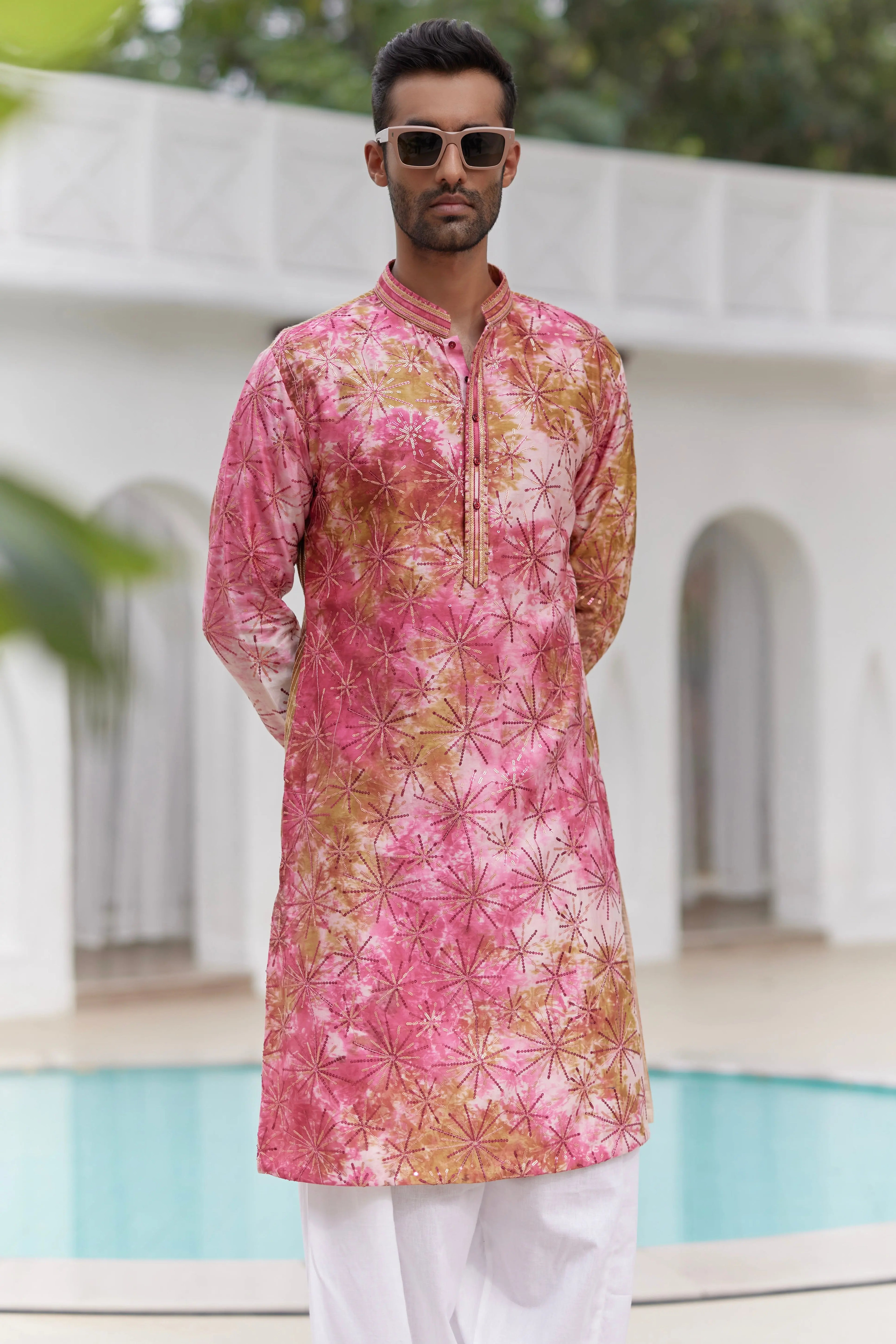 Pink Wine Tie-Dye Sequins Embroidery Kurta Set
