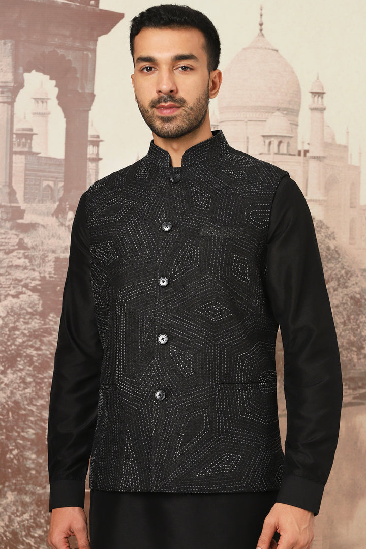 Best Brand Black Linen Kantha Embroidered Kurta Bundi Set