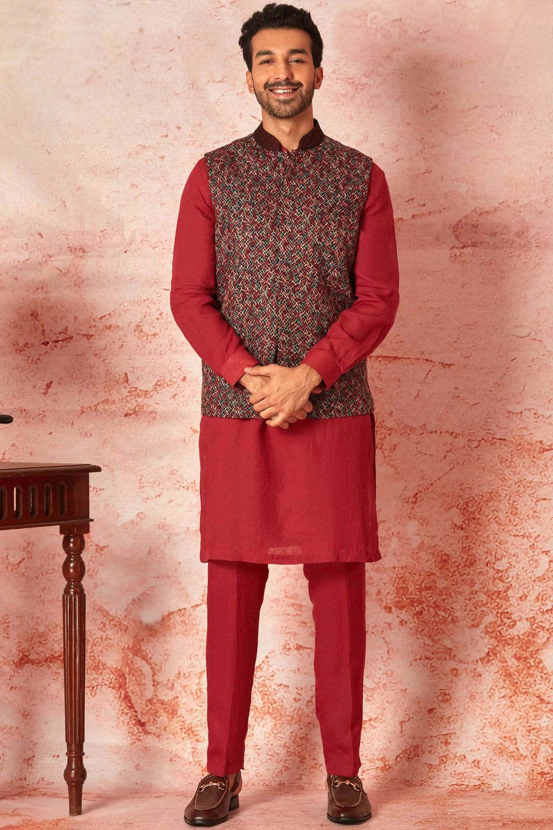 Buy the Best Red Linen Kurta Bundi Set with Multicolor Embroidery
