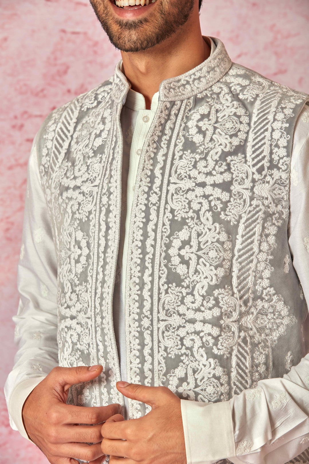 Buy Affordable Grey Velvet Dori Bundi & Light Grey Silk Kurta Set