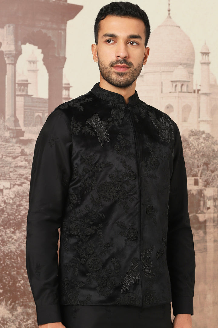 Buy Black Kiran Dori Embroidered Kurta Bundi Set