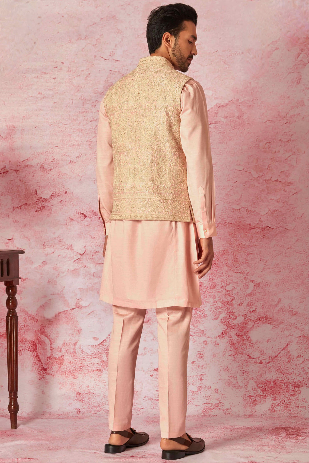 Buy Cream Raw Silk Bundi with Salmon Pink Kurta
