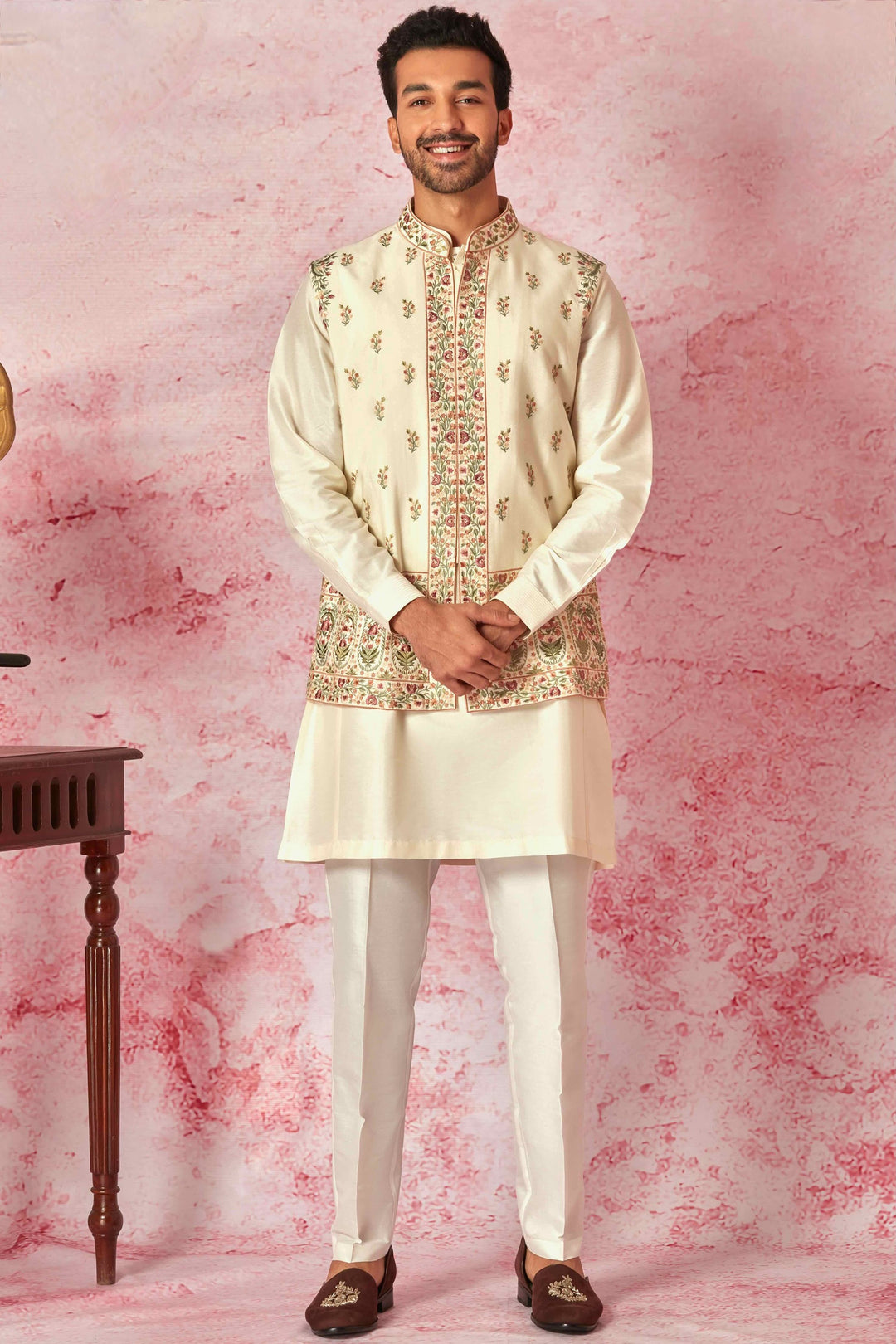 Buy Cream Silk Kurta Bundi Set with Resham Floral Embroidery Online