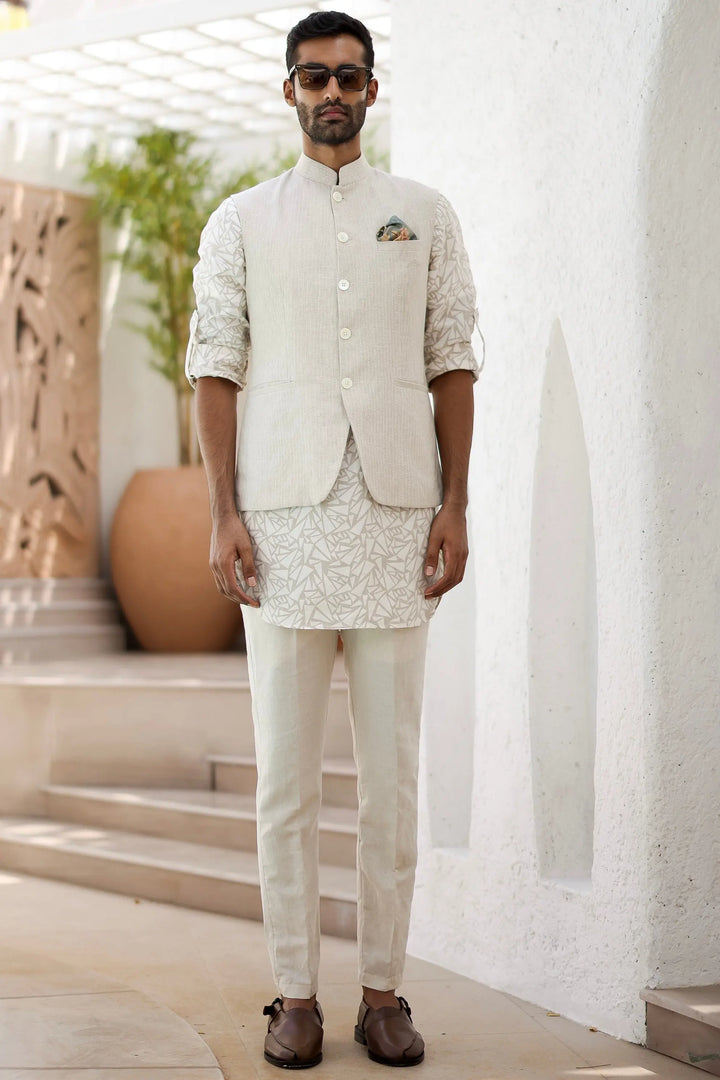 Buy High-Quality Natural Beige Abstract Geometric Print Kurta Bundi Set