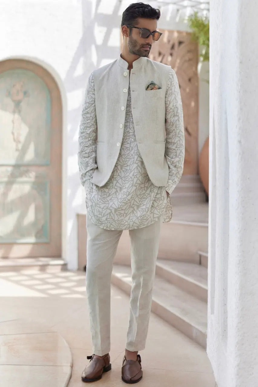 Buy Natural Beige Abstract Geometric Print Kurta Bundi Set Online Today