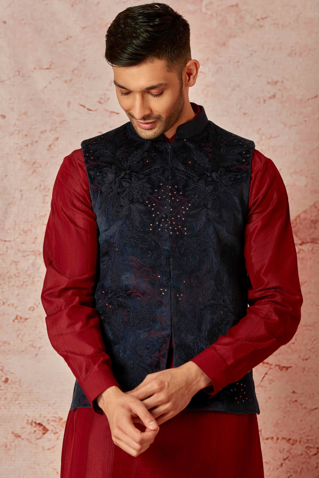 Quality Navy Velvet Embroidered Bundi with Maroon Kurta Set