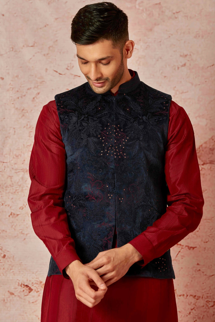 Quality Navy Velvet Embroidered Bundi with Maroon Kurta Set