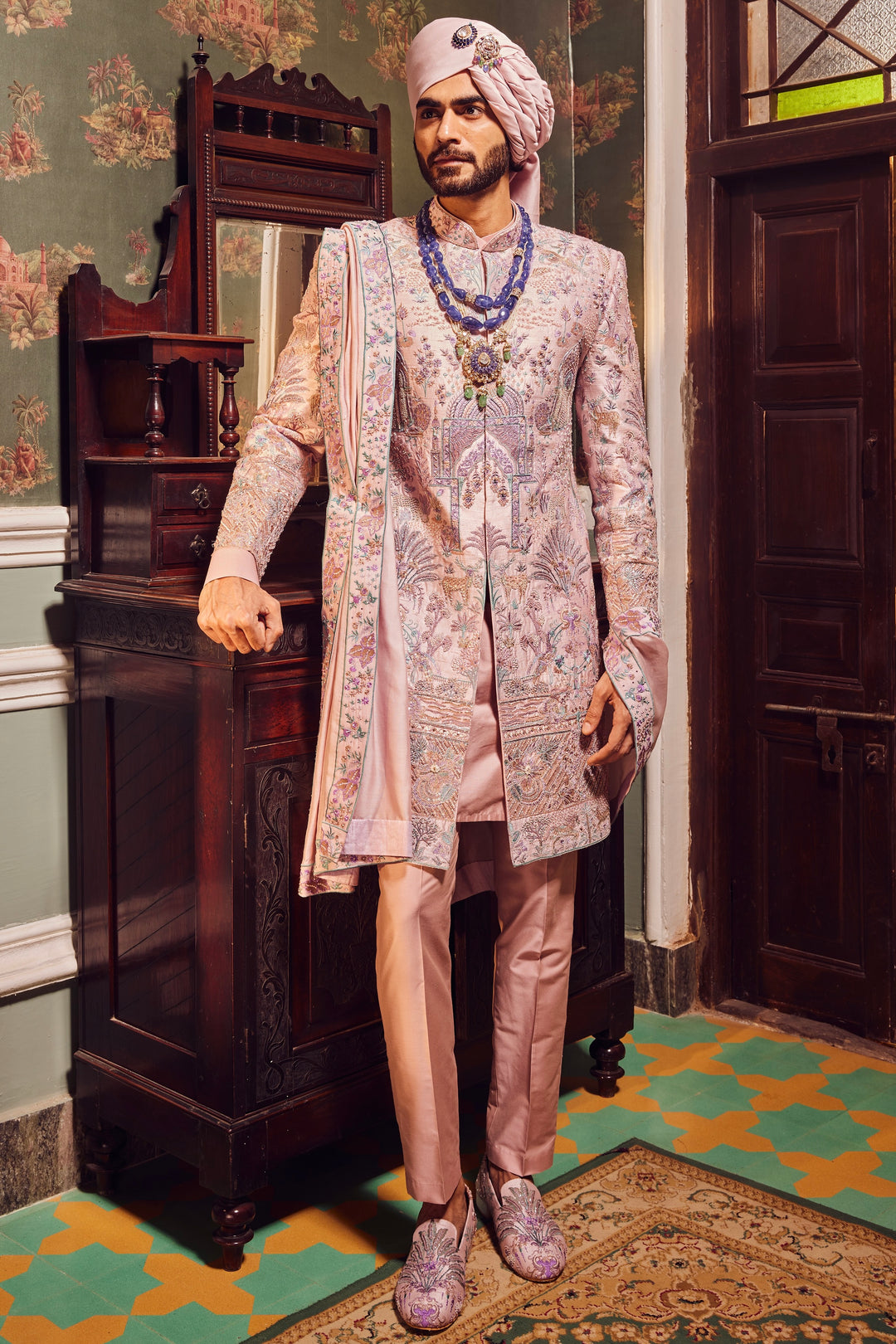 Buy Pink Raw Silk Panel Embroidered Sherwani Online – Quality & Affordable