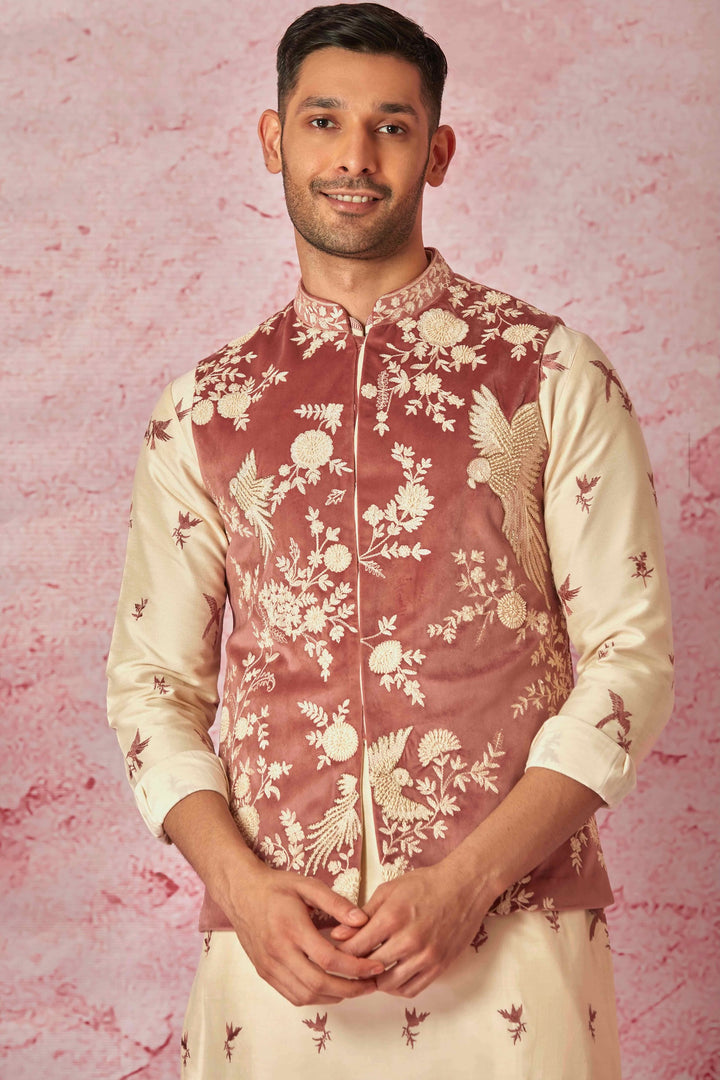 Affordable Pink Velvet Bundi with Cream Chanderi Silk Kurta Set Online