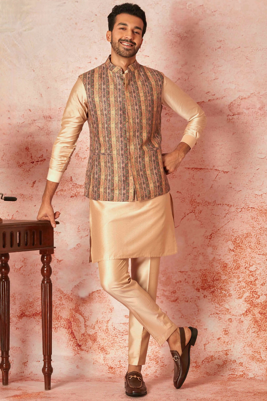 Buy Quality Linen Bundi with Beige Silk Kurta & Pyjama Set Today