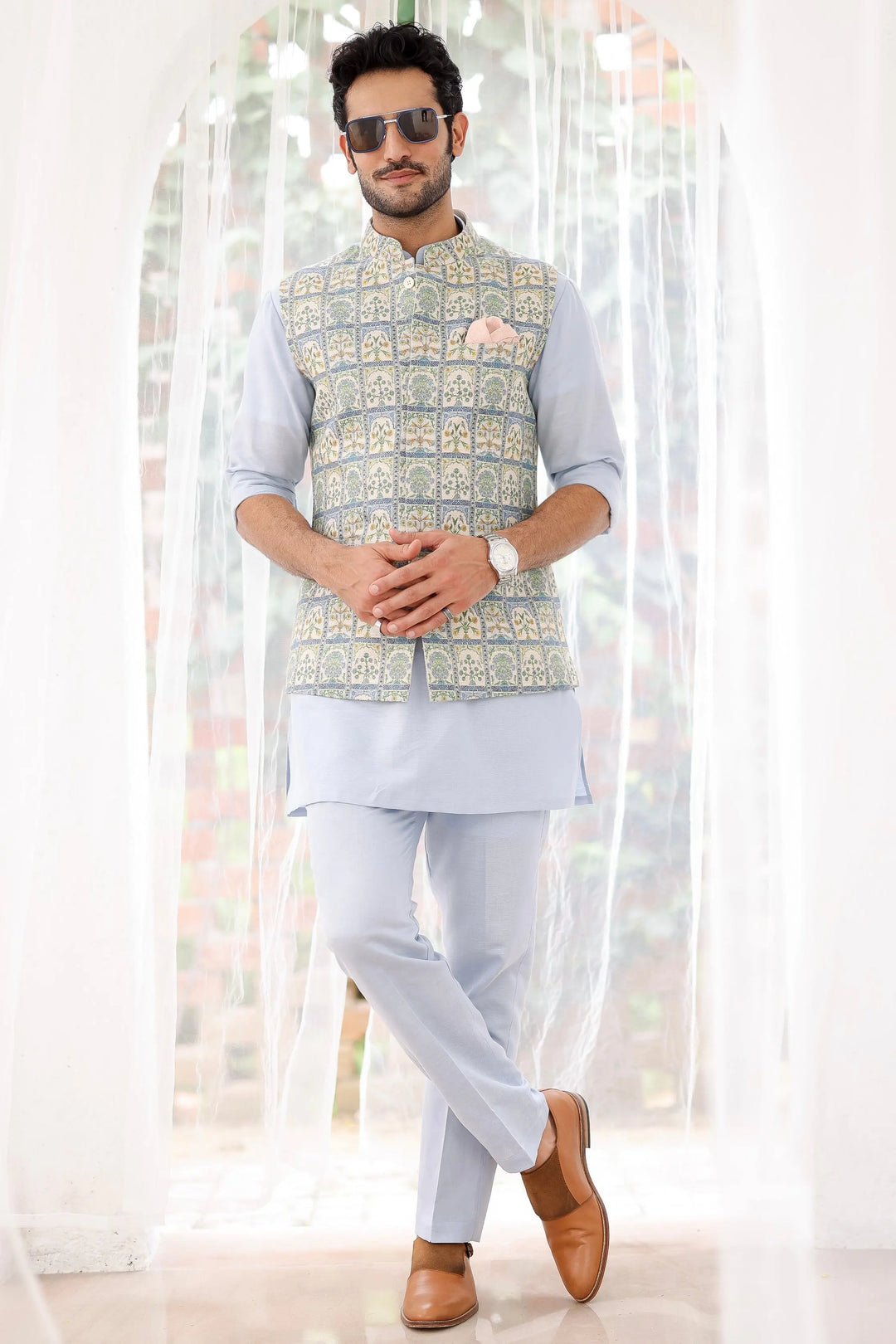 Buy Sky Blue Floral Printed Kurta Bundi Set Online at Best Price Today