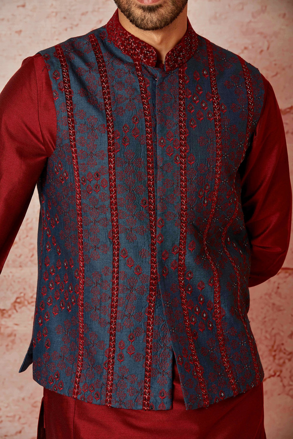 Buy the Best Brand: Blue Raw Silk Bundi Set with Maroon Silk Kurta