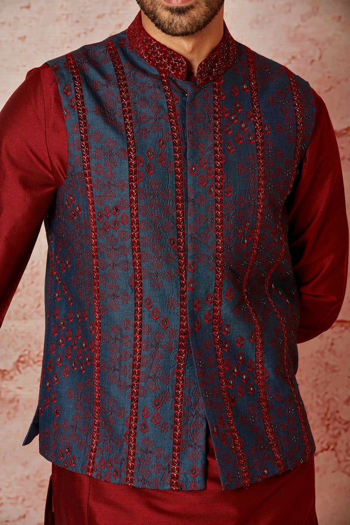 Buy the Best Brand: Blue Raw Silk Bundi Set with Maroon Silk Kurta