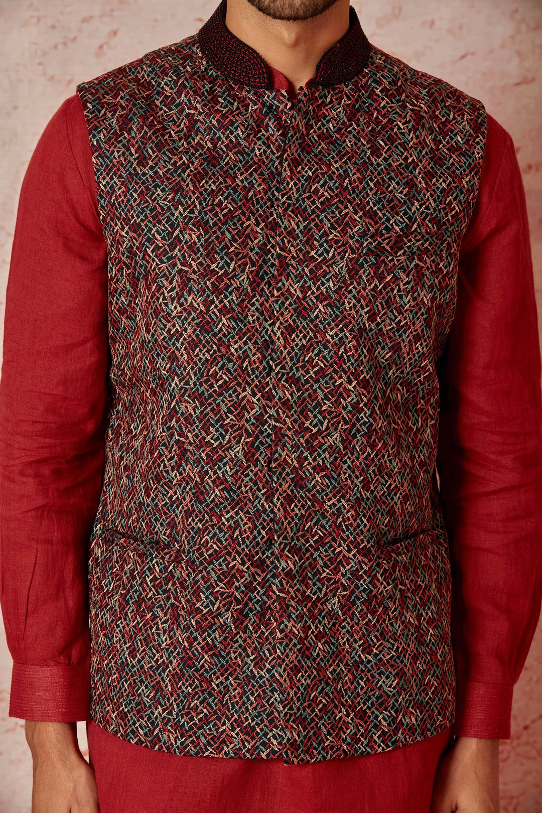 Buy the Best Red Linen Kurta Bundi Set with Multicolor Embroidery Online