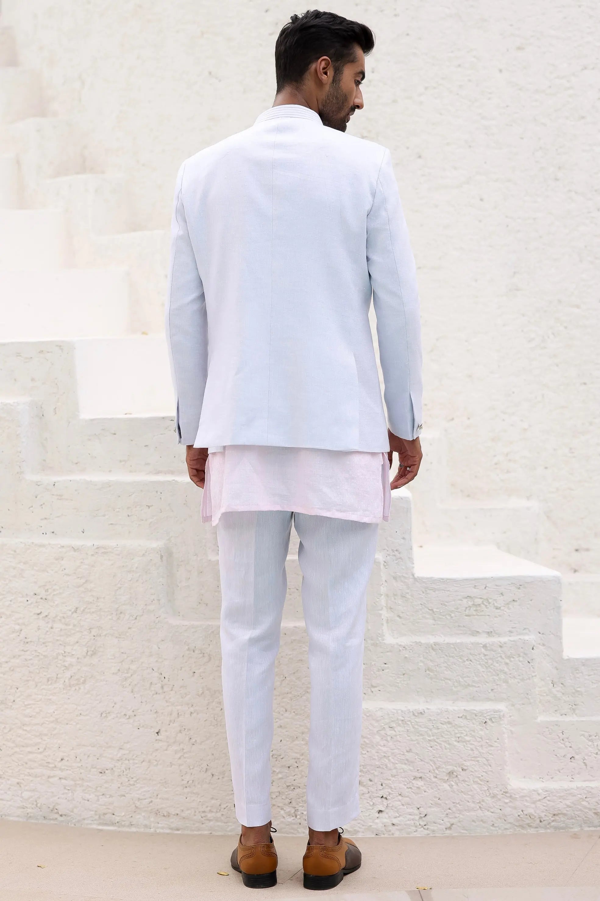 Sky Blue Floral Design Bandhgala with Pink Kurta