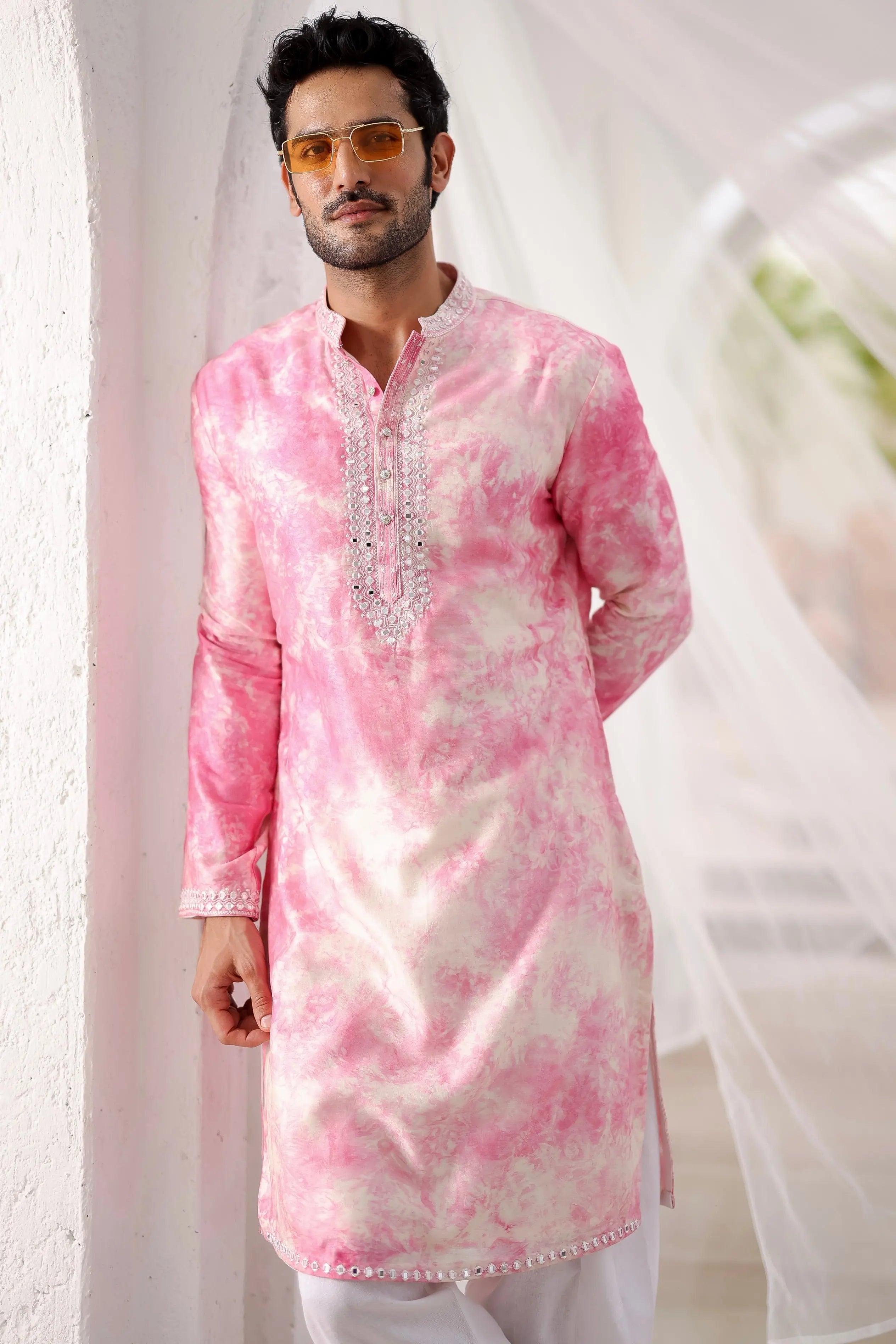 Pink Tie-dye Mirror Work Kurta Set