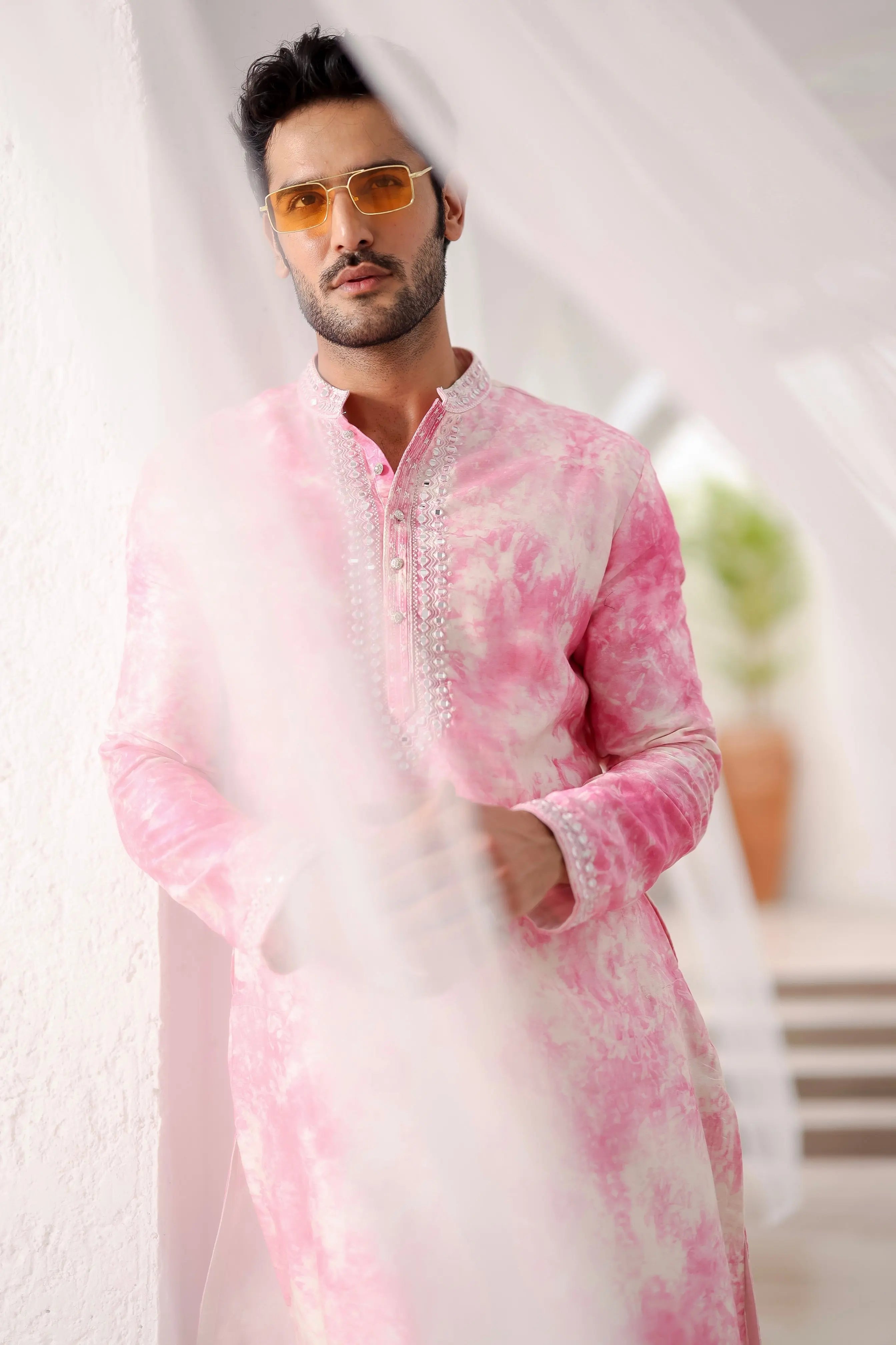 Pink Tie-dye Mirror Work Kurta Set