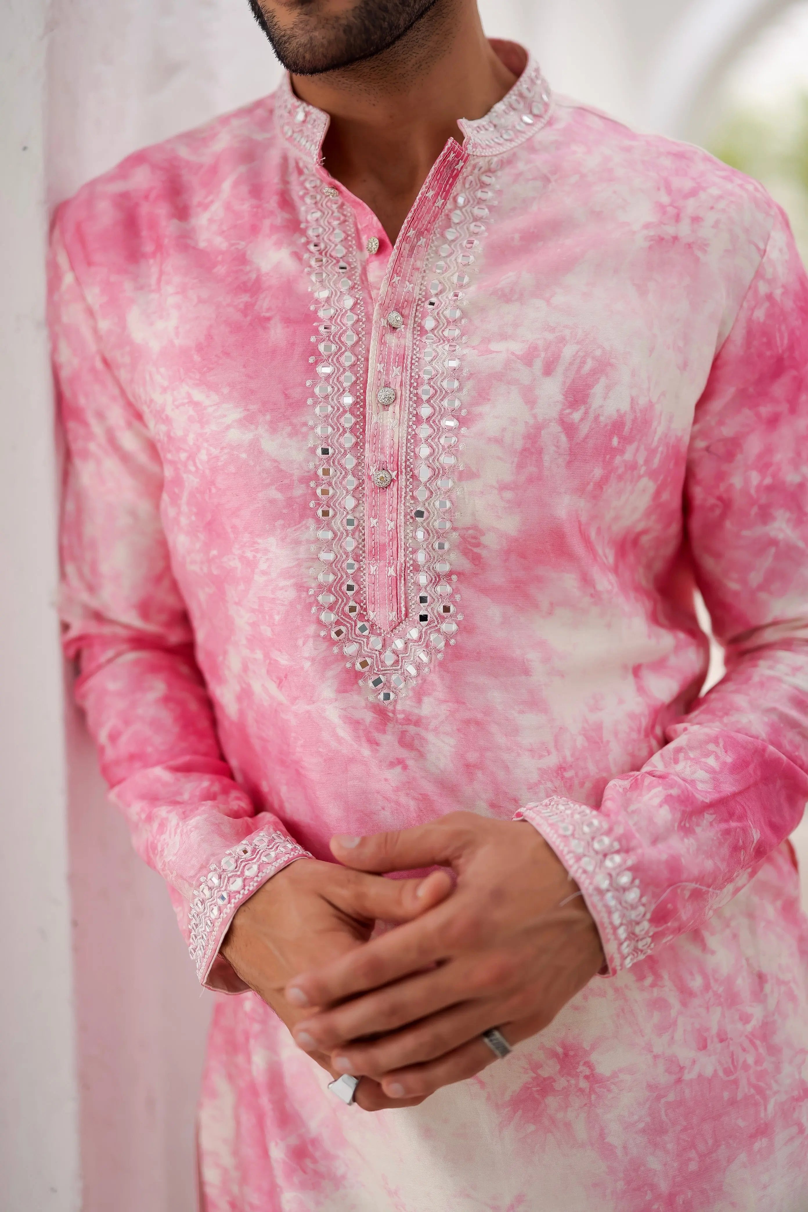 Pink Tie-dye Mirror Work Kurta Set