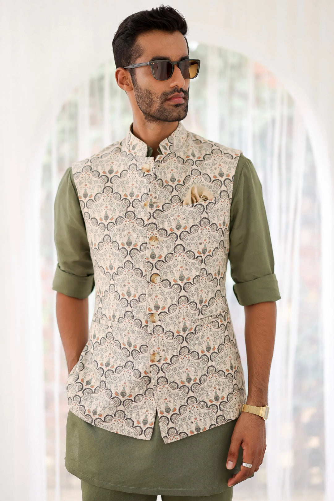 Sage Green Paisley Printed Kurta Bundi Set - Asuka Couture