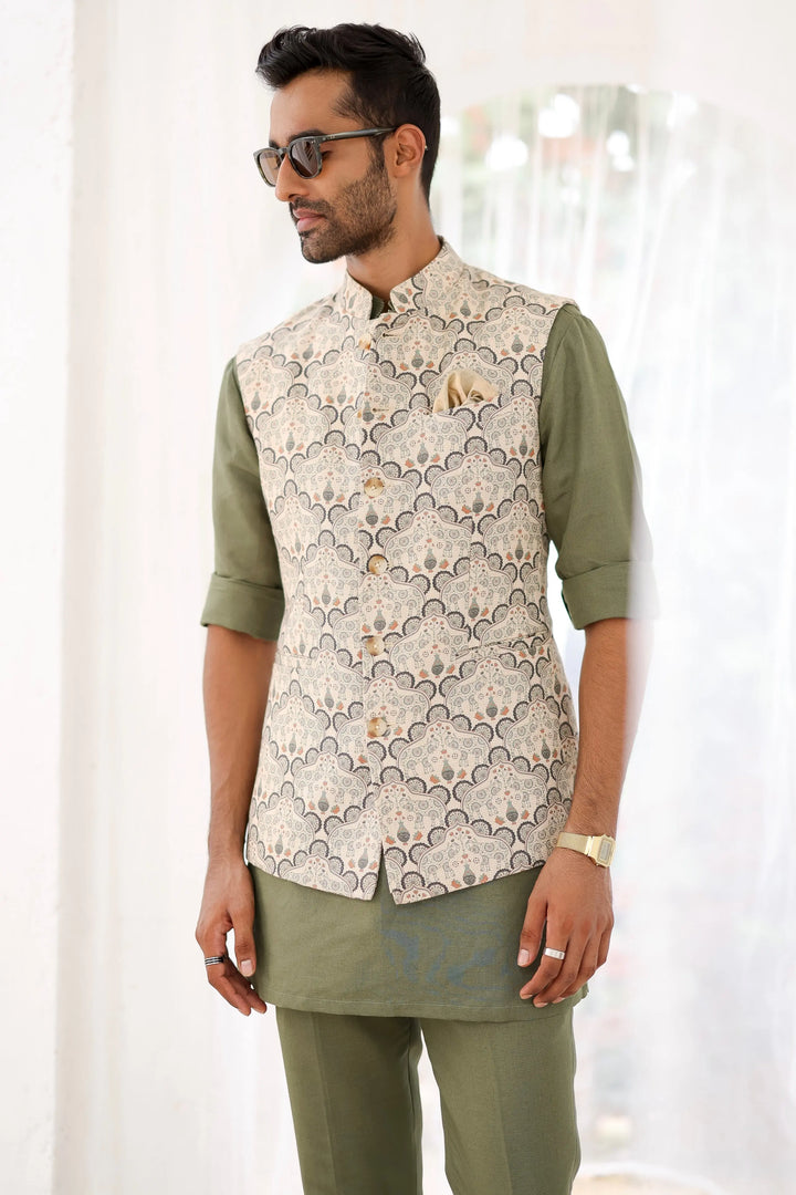 Sage Green Paisley Printed Kurta Bundi Set - Asuka Couture