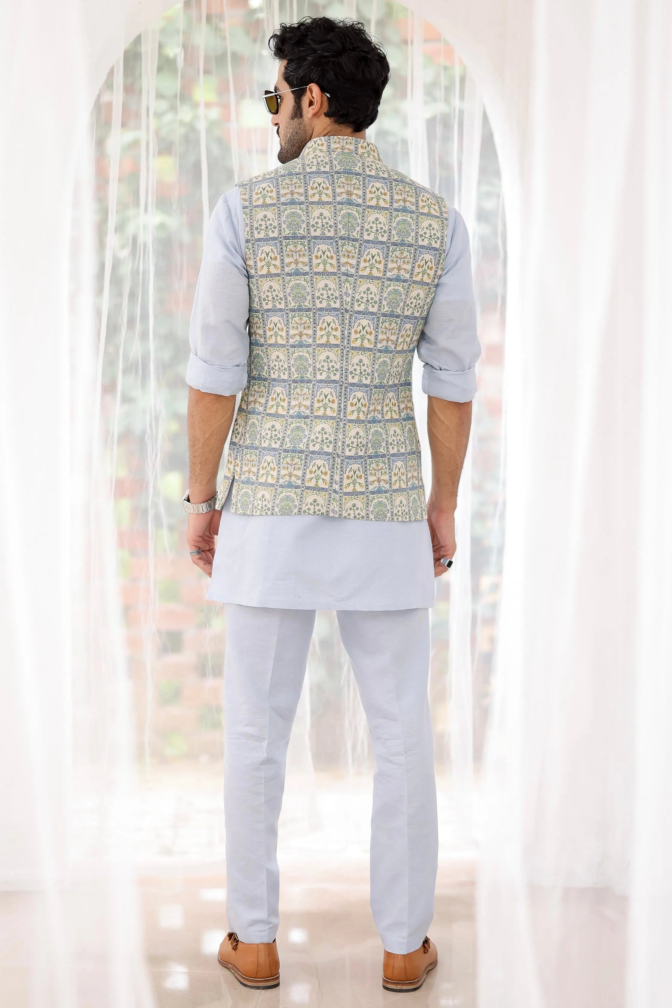Sky Blue Floral Printed Kurta Bundi Set