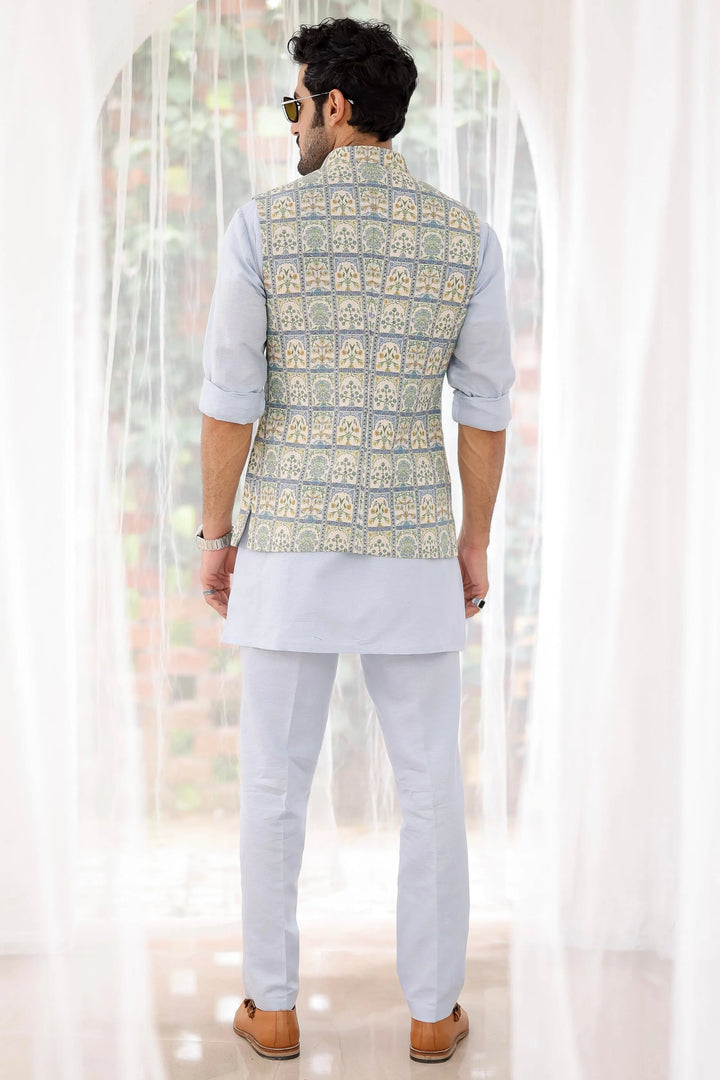 Sky Blue Floral Printed Kurta Bundi Set - Asuka Couture