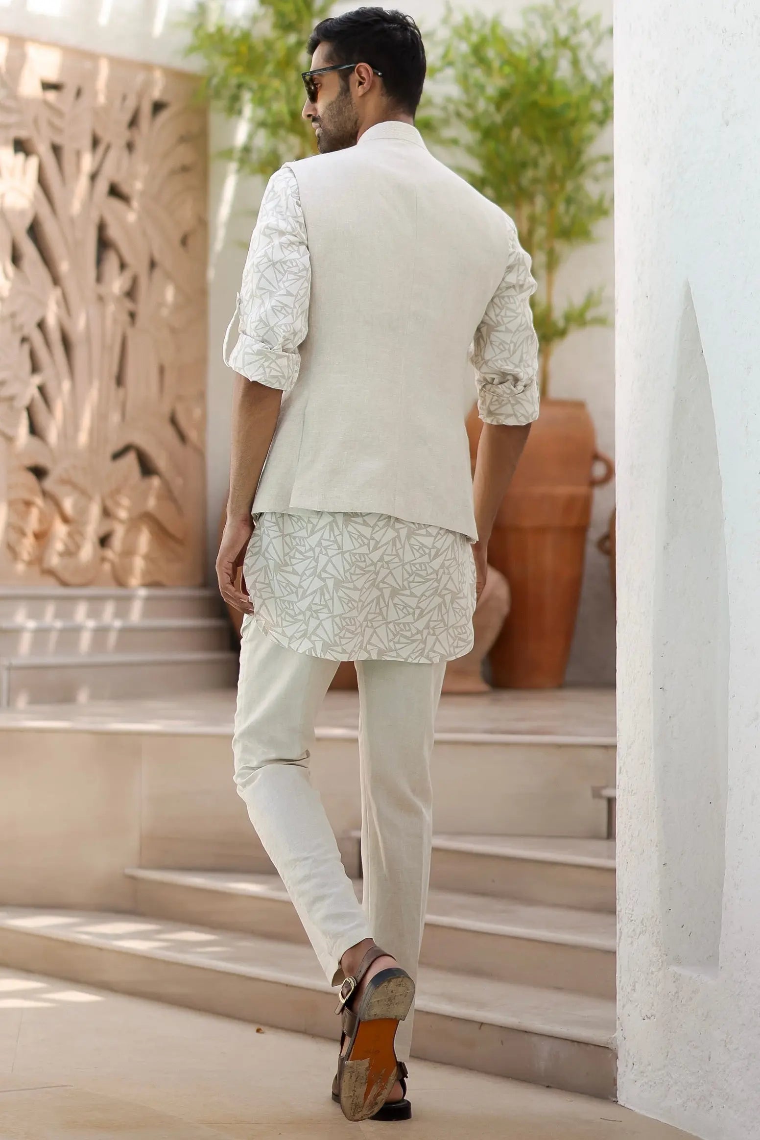 Natural Beige Abstract Geometric Print Kurta Bundi Set
