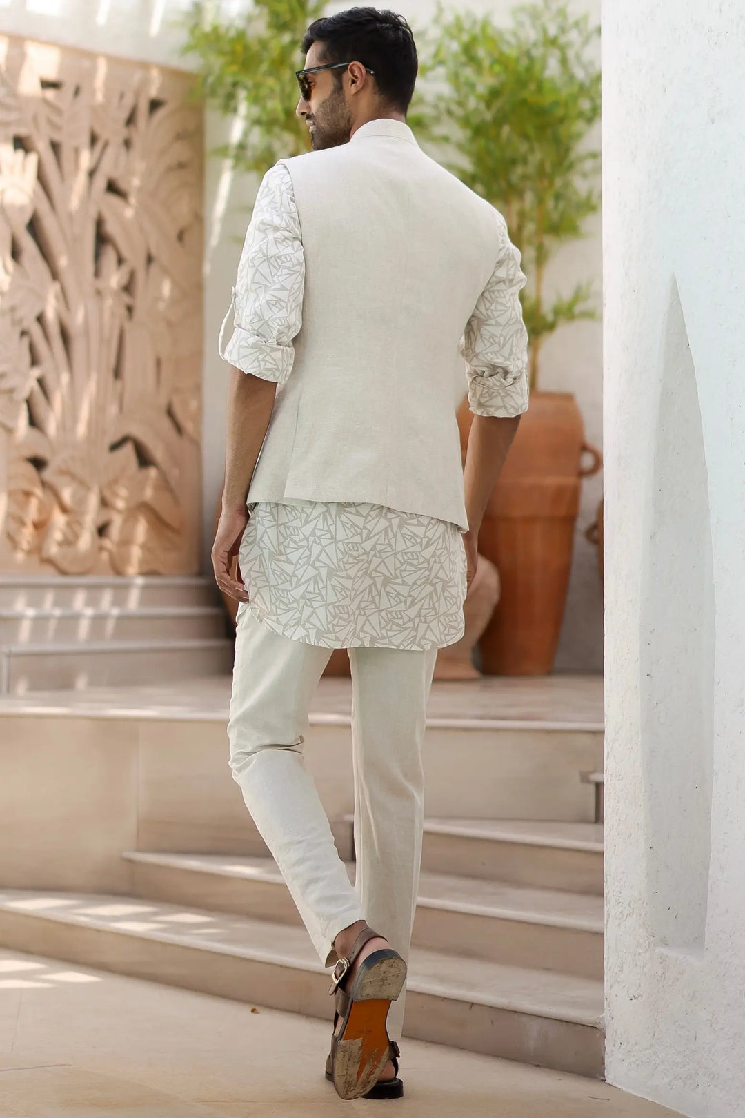 Natural Beige Abstract Geometric Print Kurta Bundi Set - Asuka Couture