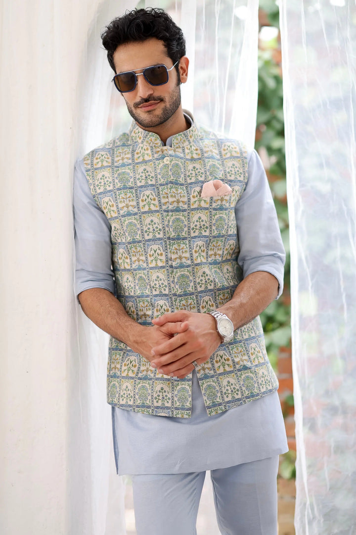 Sky Blue Floral Printed Kurta Bundi Set - Asuka Couture