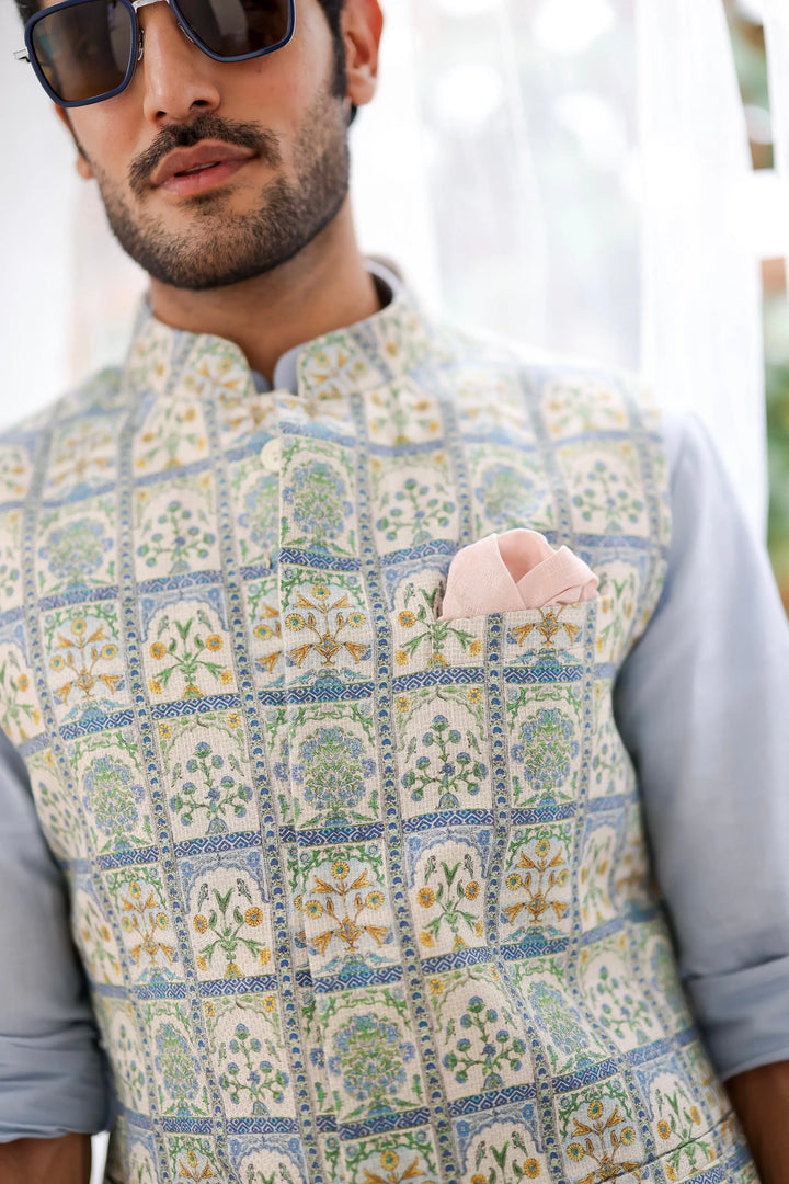 Sky Blue Floral Printed Kurta Bundi Set - Asuka Couture