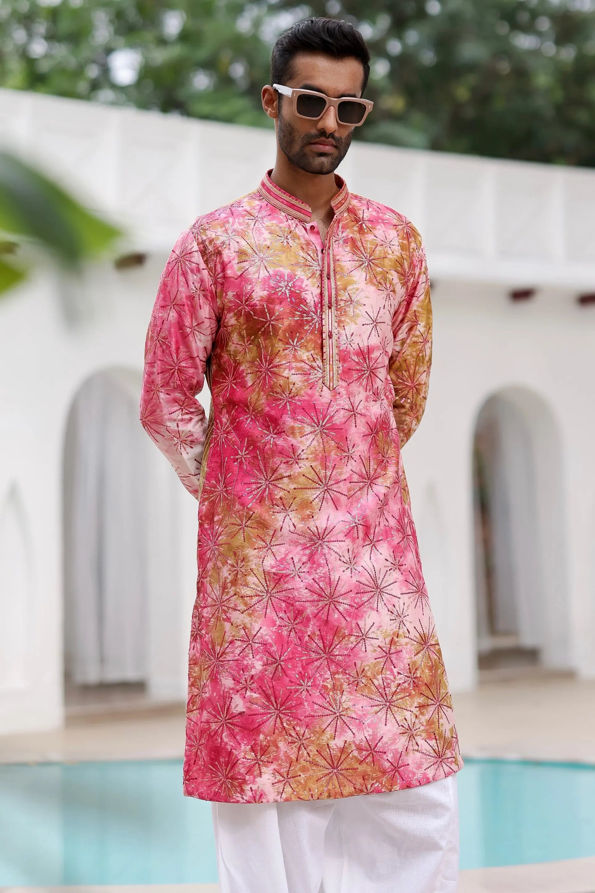 Pink Wine Tie-Dye Sequins Embroidery Kurta Set