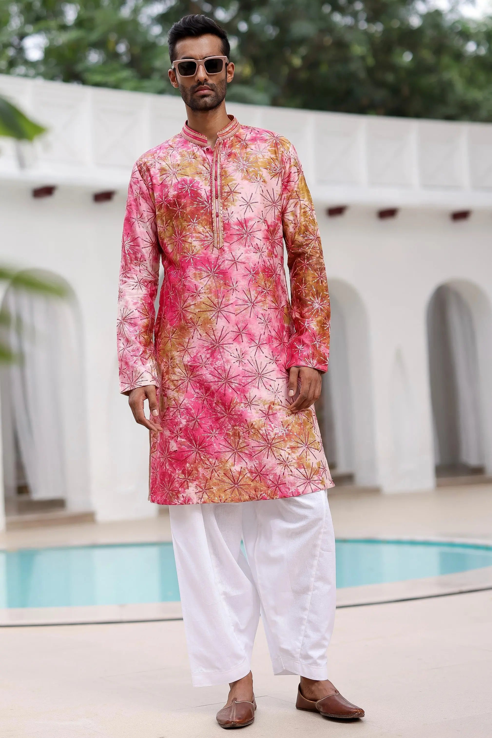 Pink Wine Tie-Dye Sequins Embroidery Kurta Set