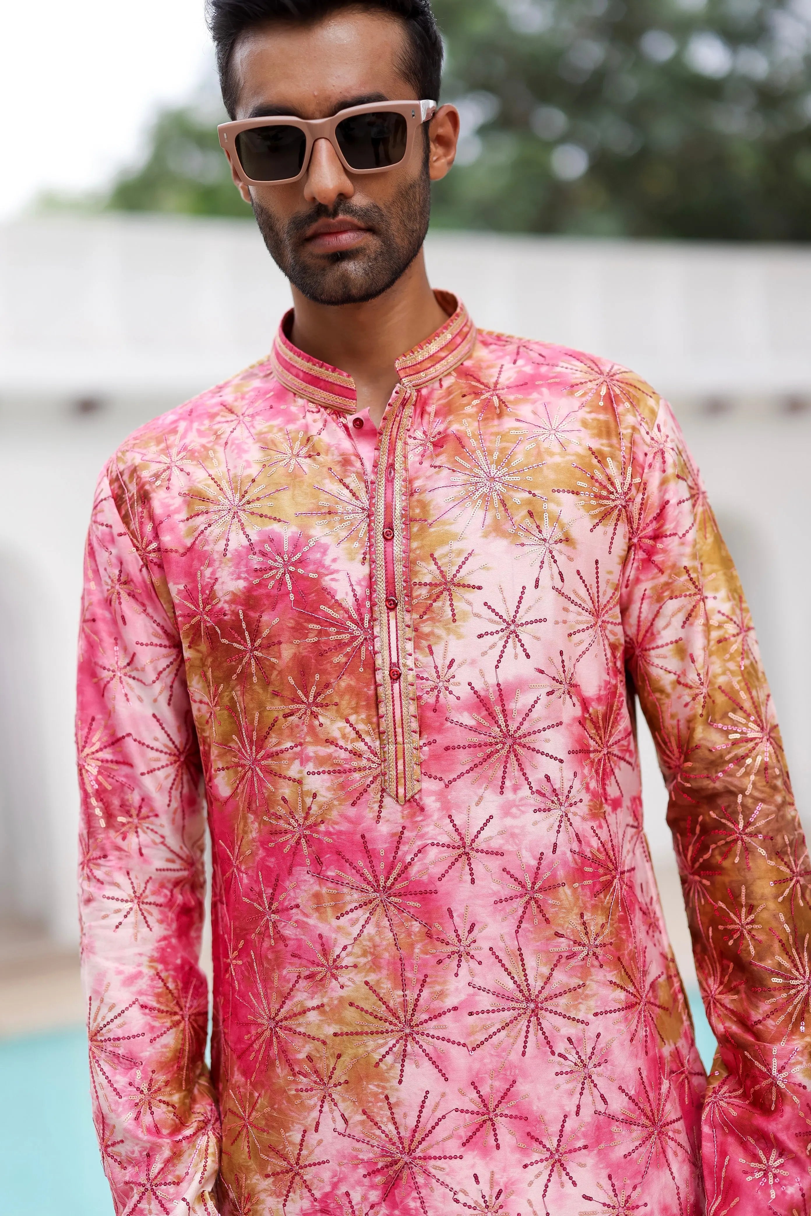 Pink Wine Tie-Dye Sequins Embroidery Kurta Set