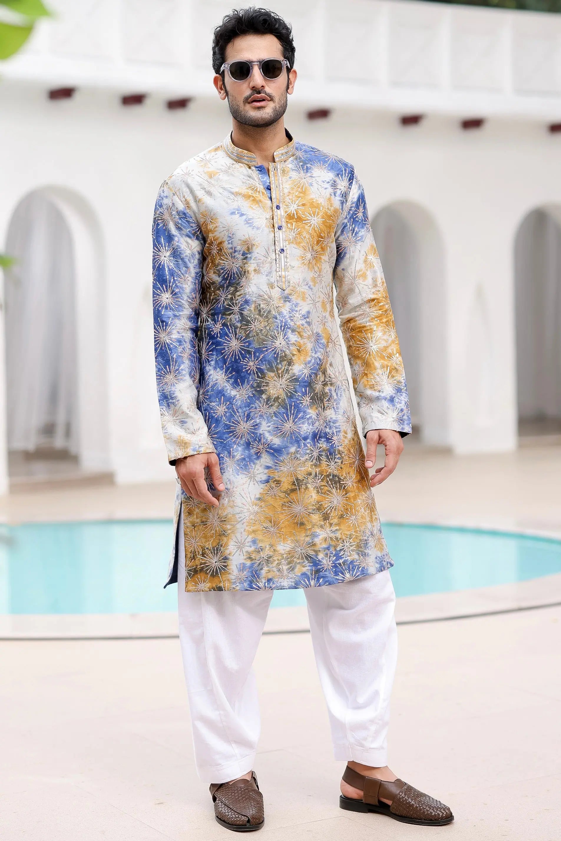Blue and Mustard Tie-Dye Resham Embroidered Kurta Set