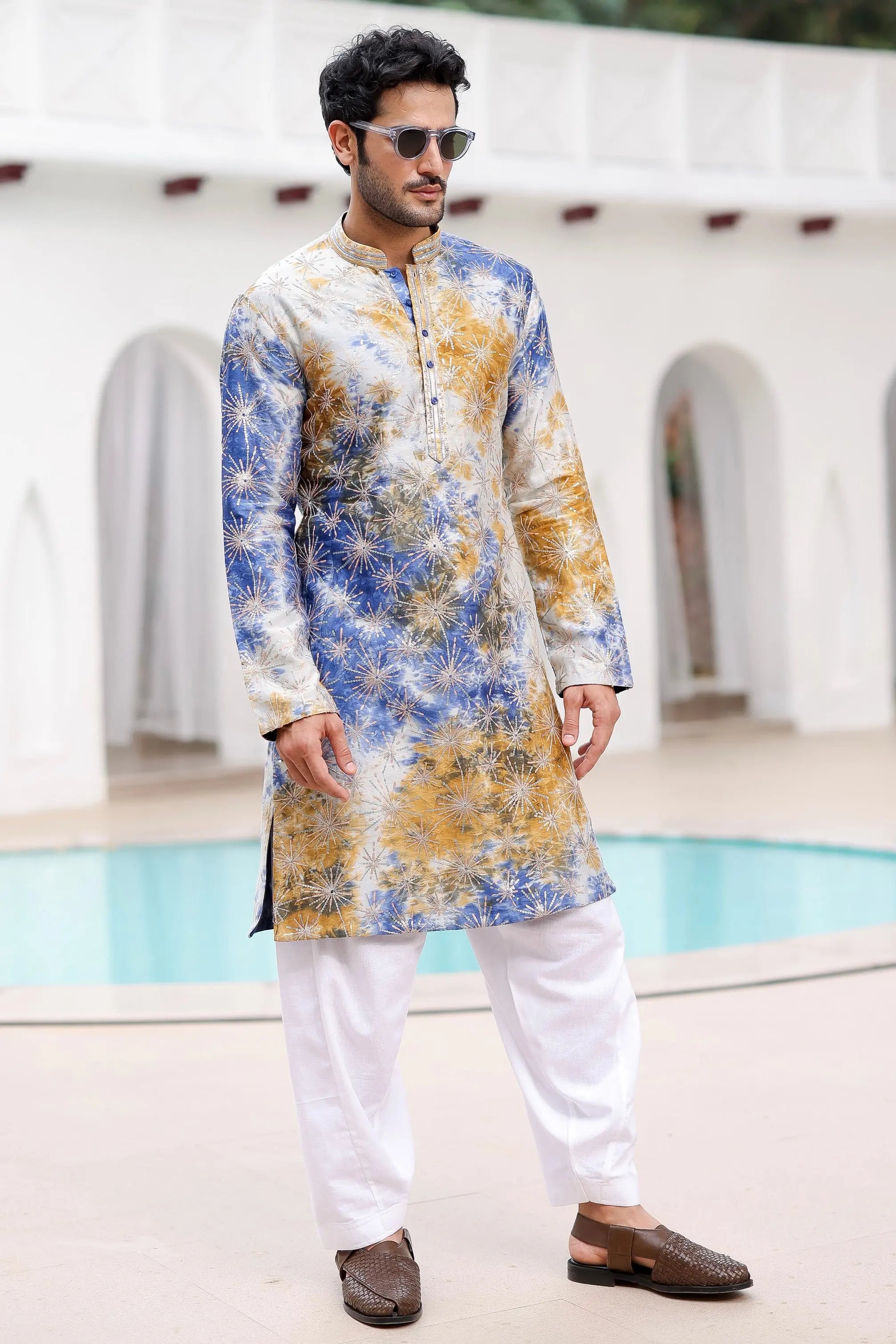 Blue and Mustard Tie-Dye Resham Embroidered Kurta Set