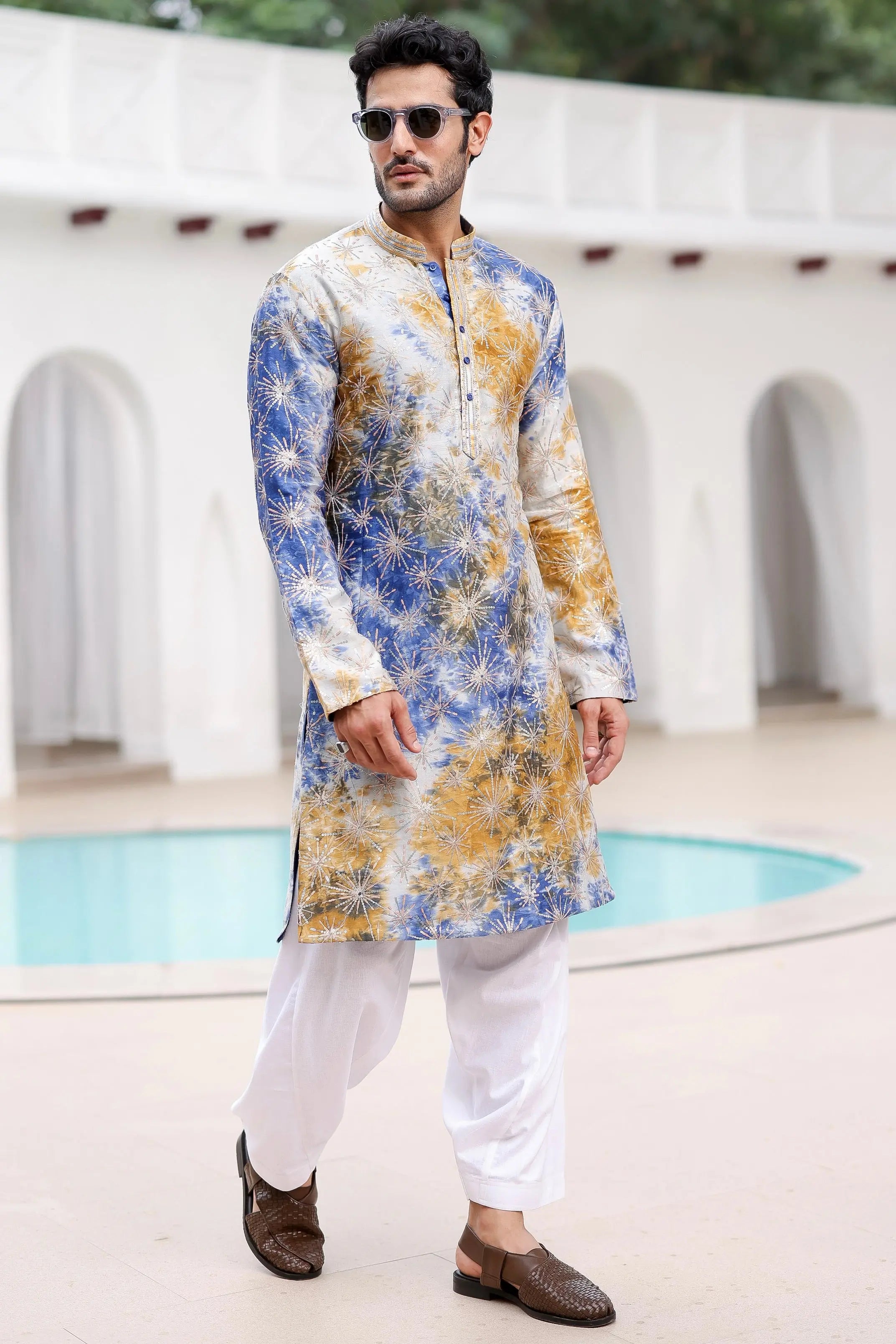 Blue and Mustard Tie-Dye Resham Embroidered Kurta Set