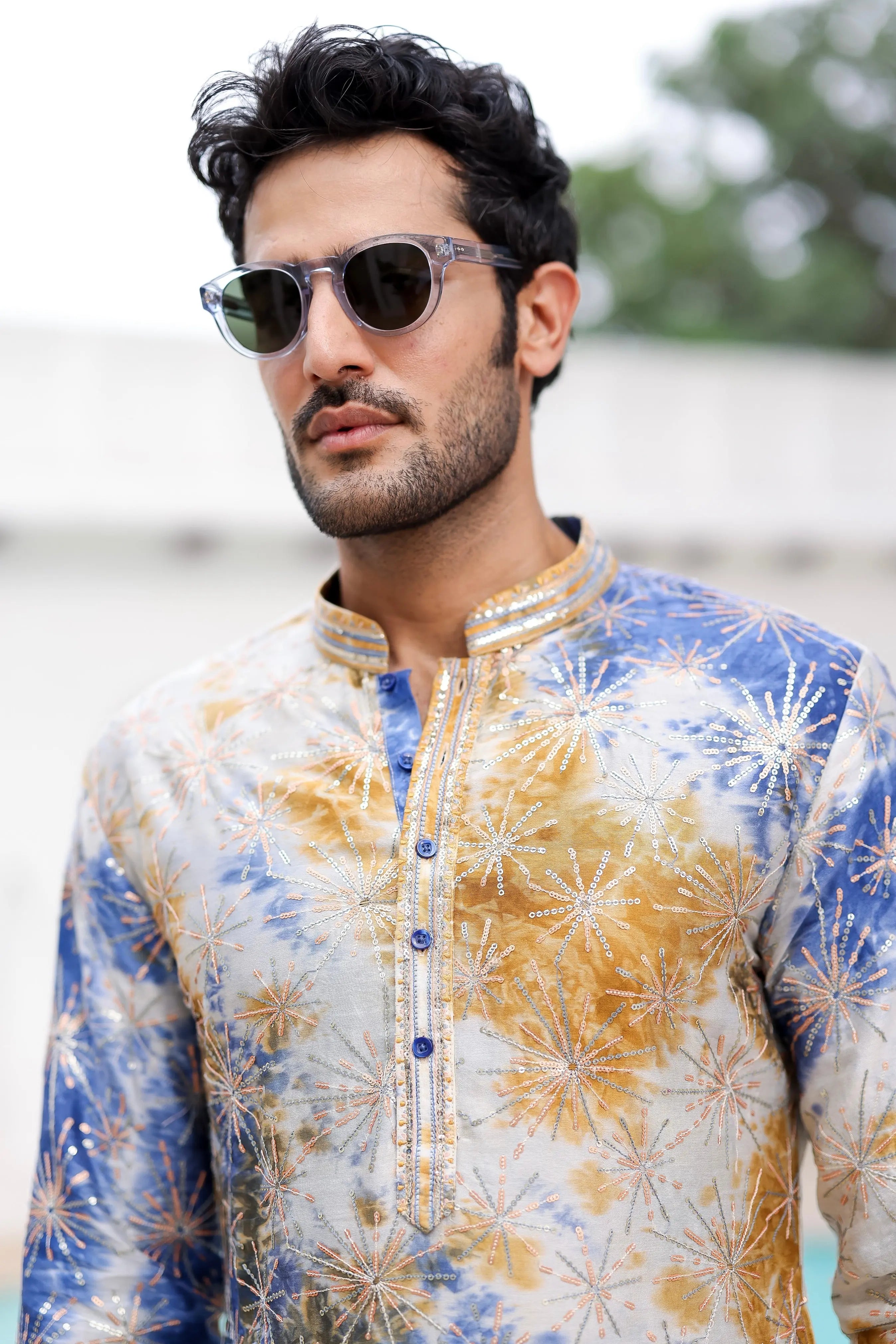 Blue and Mustard Tie-Dye Resham Embroidered Kurta Set