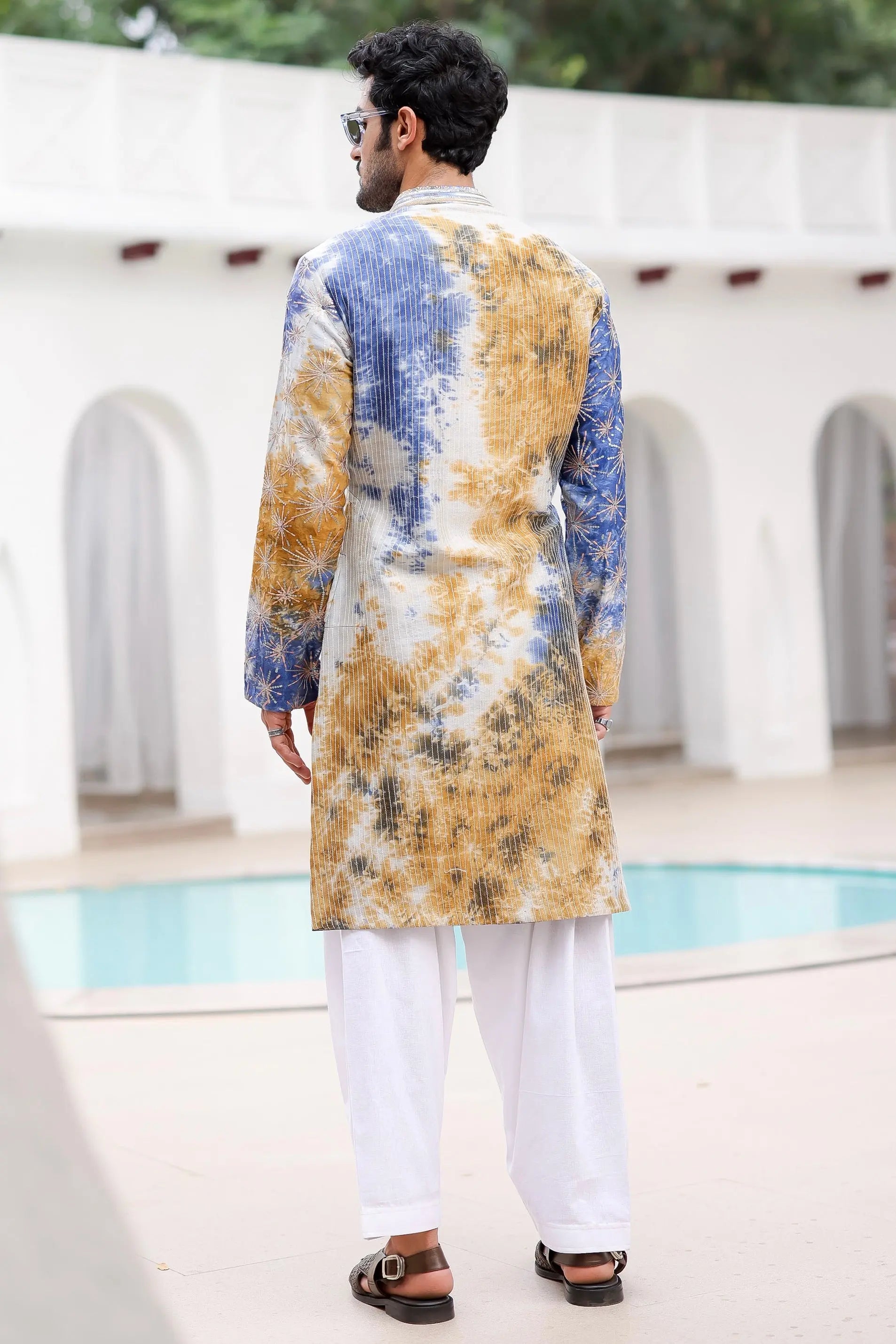 Blue and Mustard Tie-Dye Resham Embroidered Kurta Set