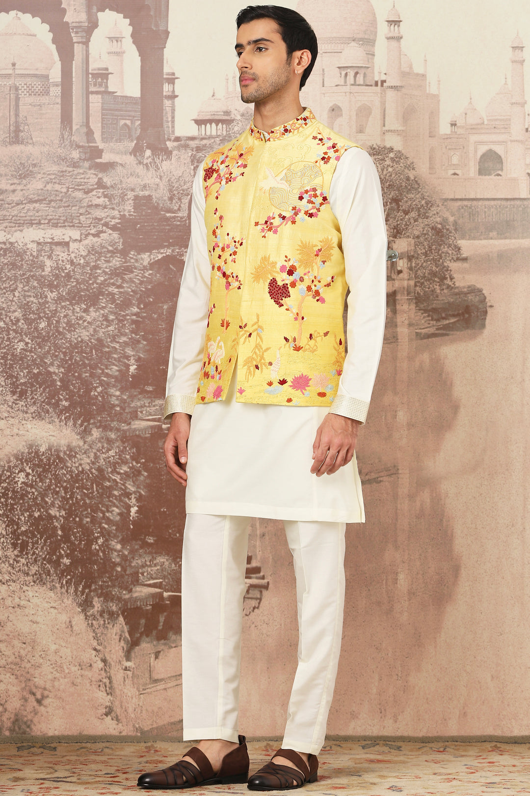 Affordable Golden Canary Raw Silk Embroidered Kurta Bundi Set