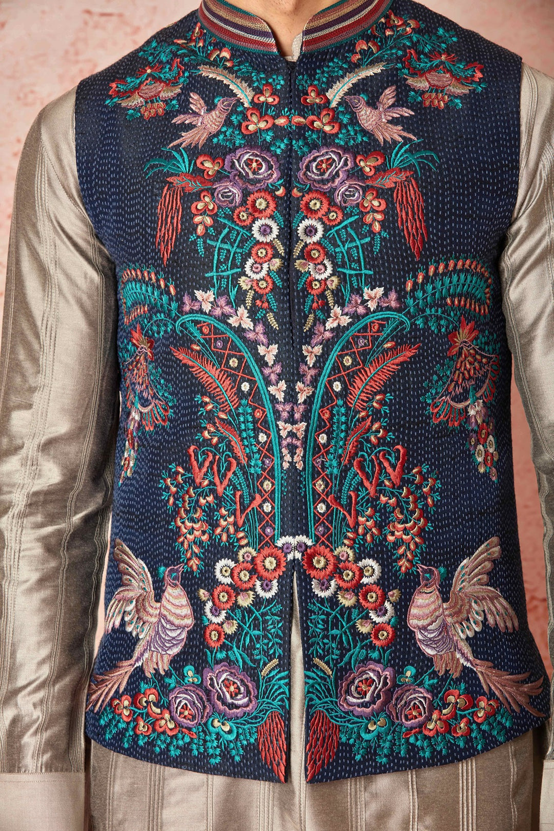 Grey Silk Kurta Bundi Set with Resham Embroidery