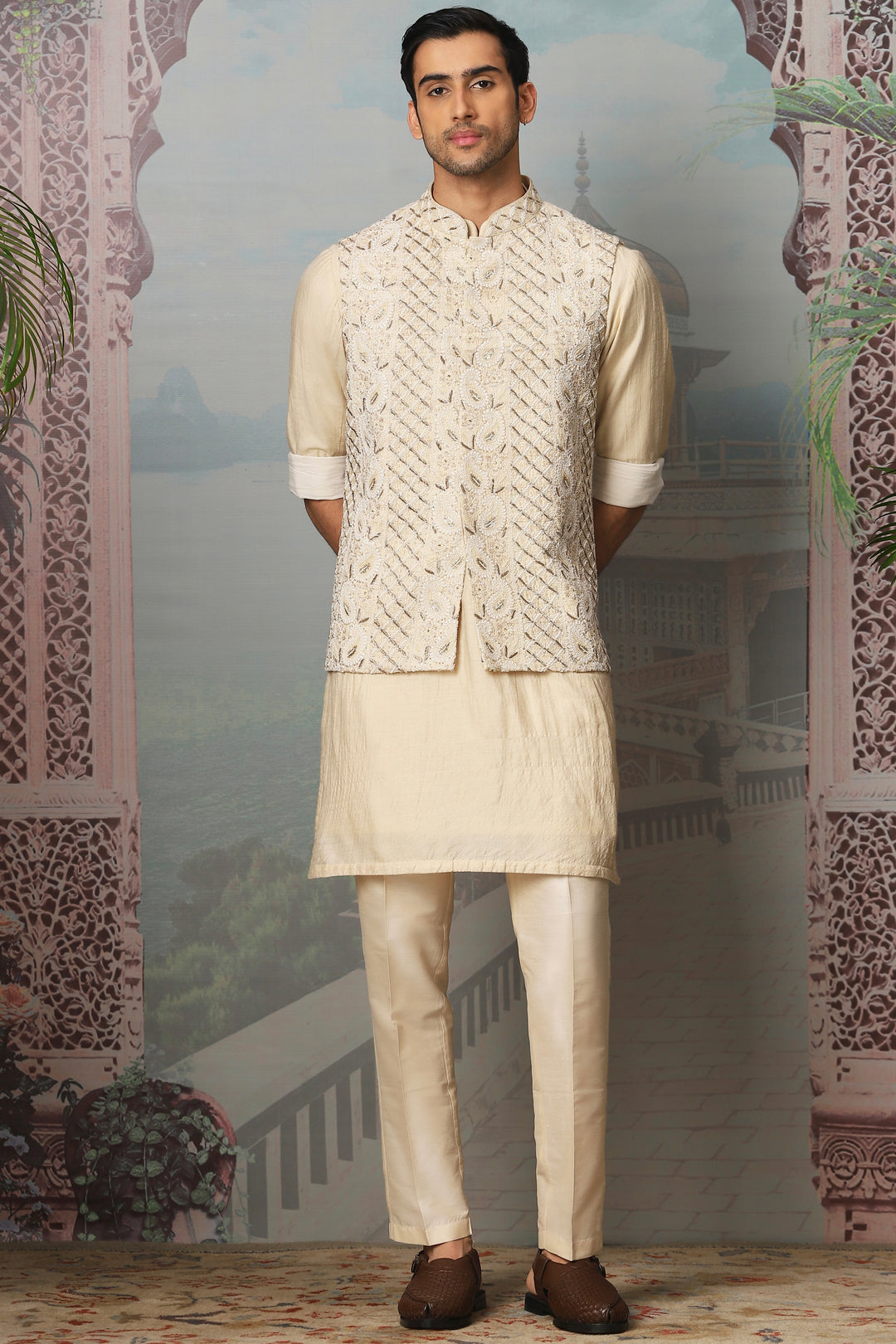Ivory Splendor Georgette Silk Kurta Bundi Set - Quality at Your Door