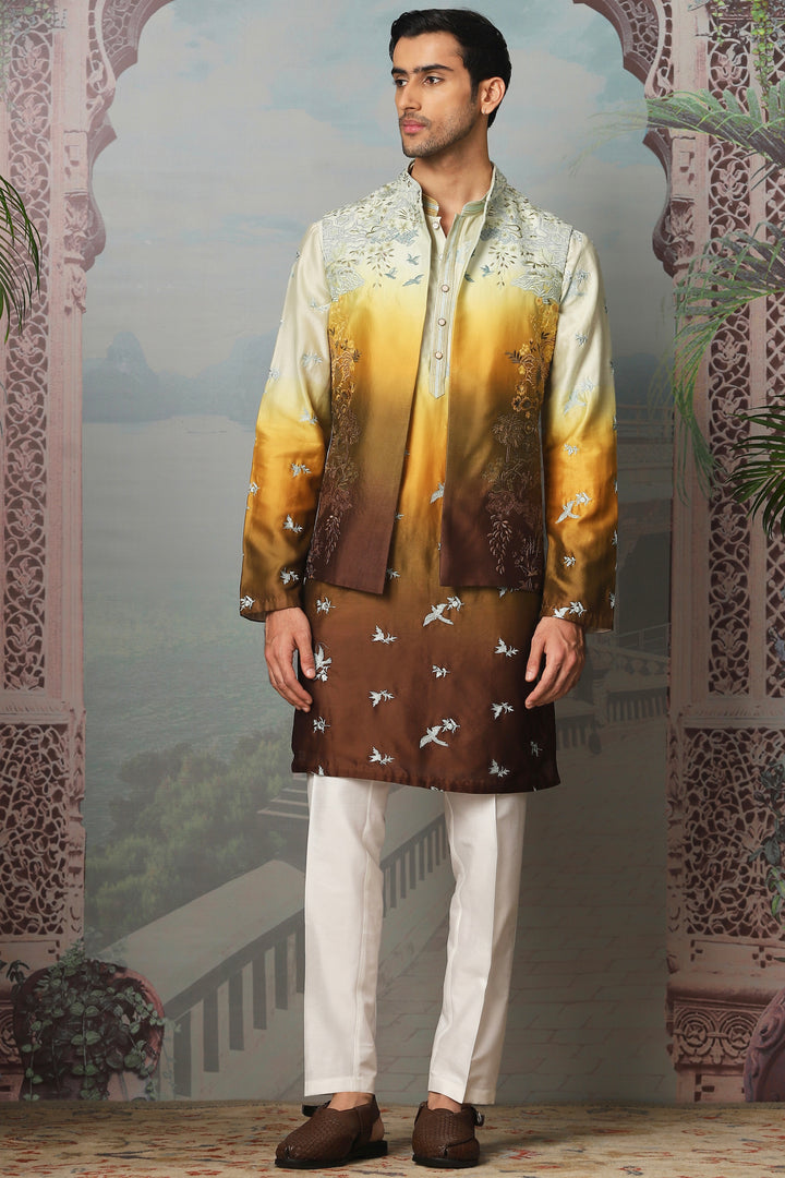 Sunset Golden Floral Embroidered Open Kurta Bundi Set