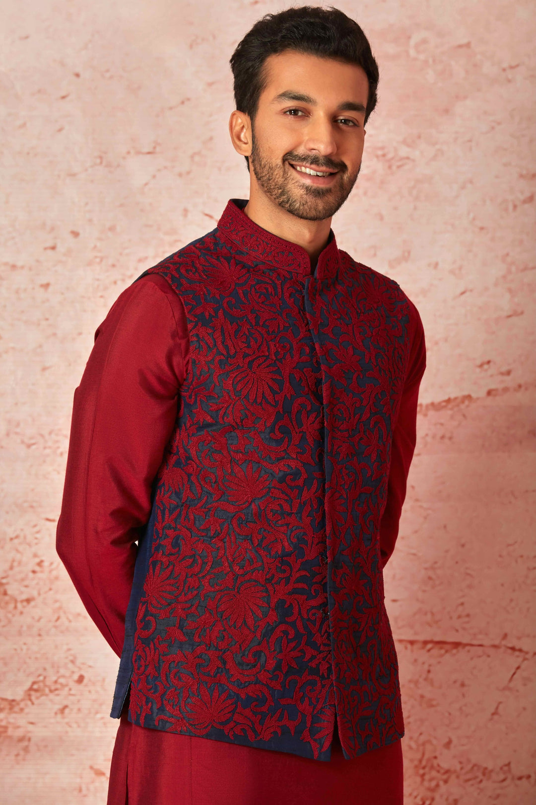 Navy Blue Raw Silk Bundi with Red Kiran Dori Embroidery