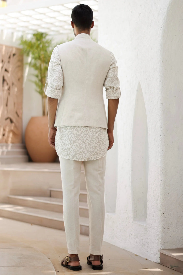 Online Buy High-Quality Natural Beige Abstract Geometric Print Kurta Bundi Set