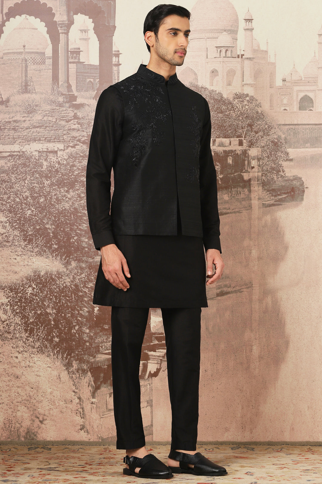 Order Now for the Black Aura Embroidered Raw Silk Kurta Bundi Set